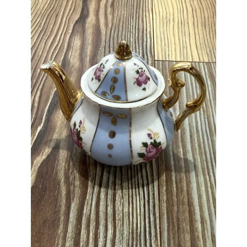 Miniature Blue and White w/ Pink Rose Design, Gold Trim Porcelain Teapot 3